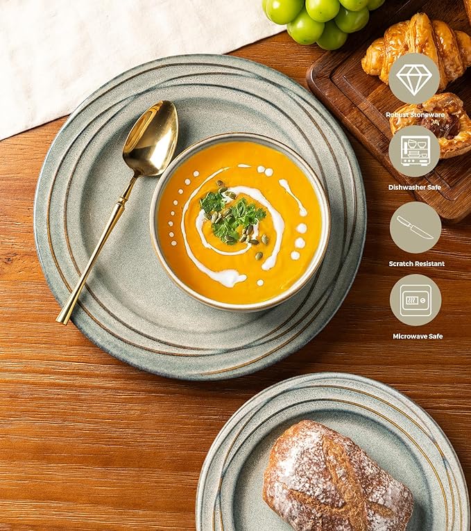 GBHOME Ceramic Dinnerware Sets,12 pcs Embossed Elegant Stoneware Plates and Bowls Sets, Housewarming Wedding Gift | Dishwasher & Microwave Safe | Dishes Set Service for 4