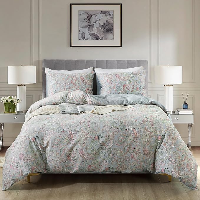 HoneiLife Wildflower Duvet Cover Queen - 100% Cotton Comforter Cover Sets, 3-PC Comfortable Floral Duvet Cover Sets,Soft & Breathable Duvet Cover with Zipper Closure & Corner Ties, Paisley