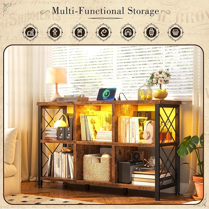 DurayLoly 6 Cube Storage Shelf with LED Light and Charging Station, Wood and Metal Cube Shelf as Long Horizontal Book Shelf for Bedroom Home Office, Rustic Brown