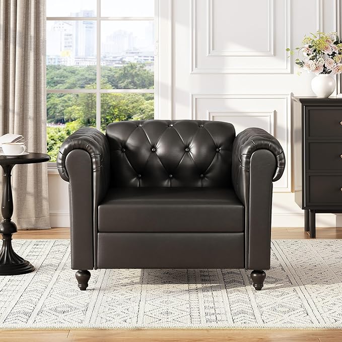 Black Faux Leather Accent Chairs, Button-Tufted Upholstered Club Chair Retro Armchairs, Mid Century Modern Accent Chair with Solid Wood Legs, Cozy Chesterfield Couch Chairs for Living Room, Bedroom