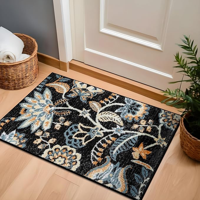 Rugshop Black Floral Area Rug 2x3 – Colorful Botanical Indoor Carpet for Living Room, Bedroom, or Dining Room – Soft Low-Pile, Non-Shedding Traditional Rug 2' x 3'