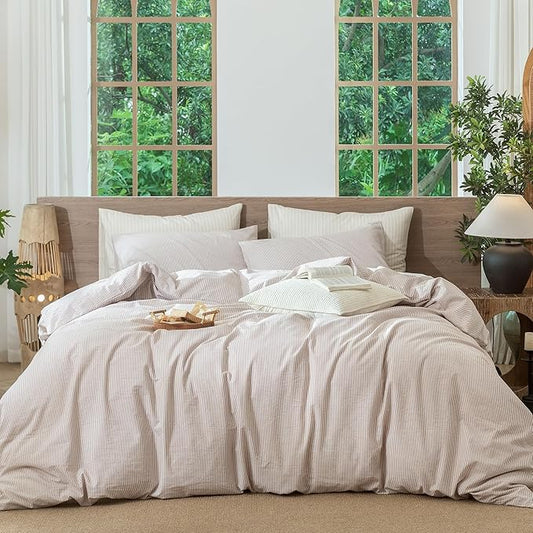 MooMee Striped Duvet Cover Set 100% Washed Cotton Linen Like Textured Breathable Durable Soft Comfy (Orange Pinstripes, Super Queen 90"x98")