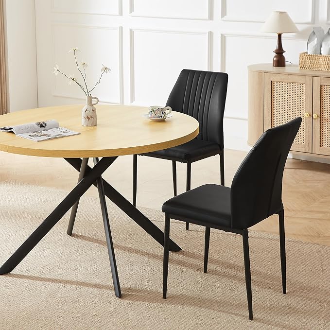 HIPIHOM 45.3 Inch Round Dining Table Set for 4, Mid Century Modern Coffee Set for Dining Room Kitchen Apartment (Cream Table + 4 Black Chairs)