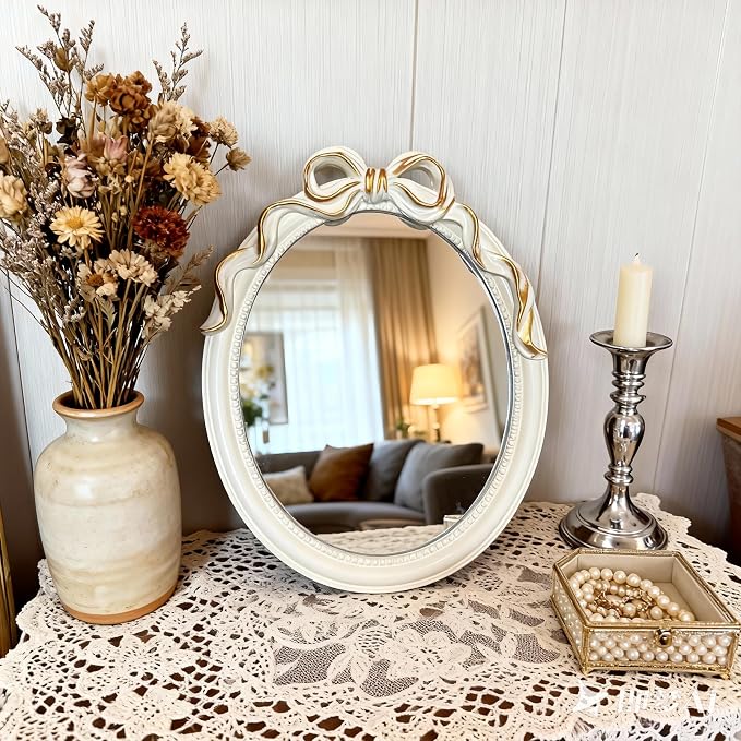 Vintage Vanity Desk Mirror -13x10Inch Wall-Mounted & Tabletop Decorative Ornate Gold Accent Retro Makeup Mirror for Bedroom Dresser Bathroom Living Room Oval