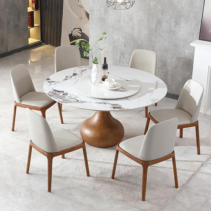 Marble Dining Table, 59" Round Sintered Stone Table with 6 Chairs for Dining Room, Kitchen, Dinette, Compact Space with Lazy Susan