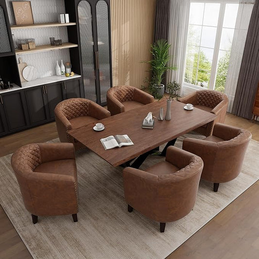 UIXE Faux Leather Barrel Accent Chairs Set of 6, Modern Club Upholstered Arm Chair, Comfy Armchair Nailed Trim Living Room Single Sofa Reading Seat Bedroom Side Sitting for Office, Brown