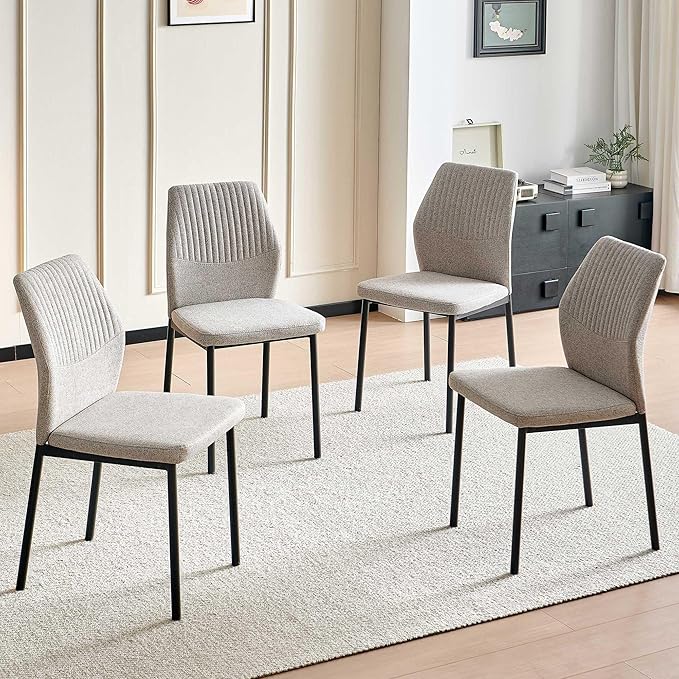 Dining Chairs Set of 4, Light Brown Linen Fabric Dining Chairs, Comfortable Upholstered Armless Kitchen Chairs with Black Metal Legs for Living Room, Dining Room, Kitchen