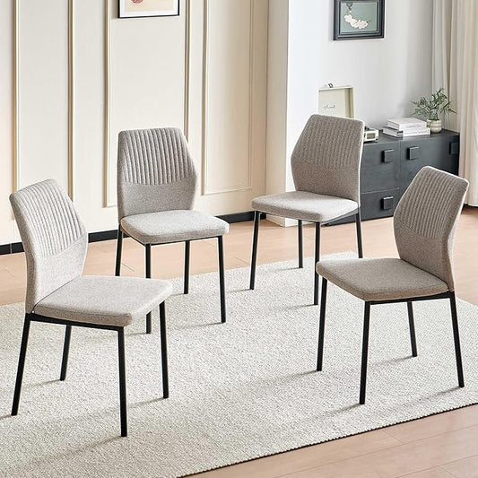 Dining Chairs Set of 4, Light Brown Linen Fabric Dining Chairs, Comfortable Upholstered Armless Kitchen Chairs with Black Metal Legs for Living Room, Dining Room, Kitchen