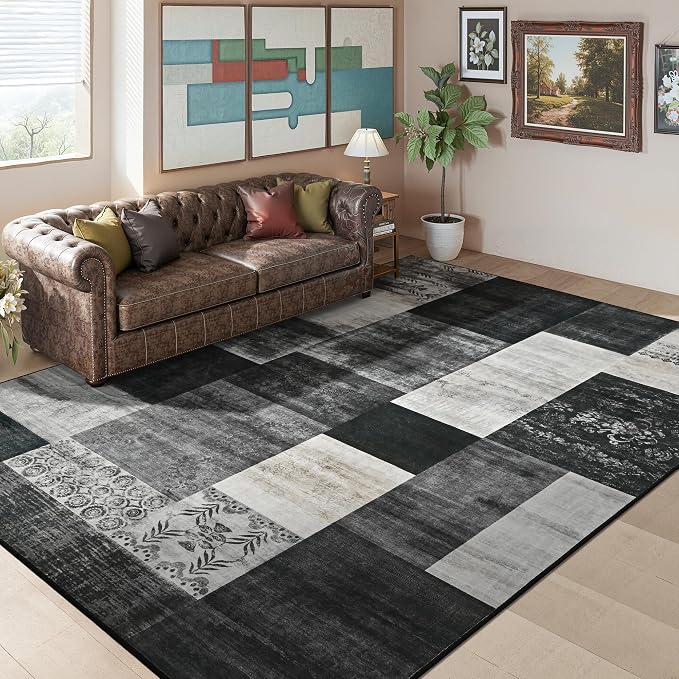 Tepook 4x6 Area Rugs for Living Room, Modern Large Geometric Rug for Bedroom, Washable Patchwork Rug Indoor Non Slip Throw Carpets for Dining Room Office Farmhouse Home Decor, Black and White