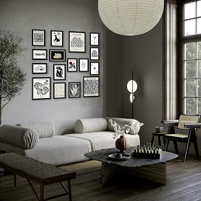 LANCHI95 16 PCS Black and White Home Decor, Eclectic Wall Art, Minimalist Posters for Living Room Aesthetic, Matisse Abstract Gallery Wall Prints for Bedroom, Collage Kit Pictures (FRAMED, Black Eclectic 1)