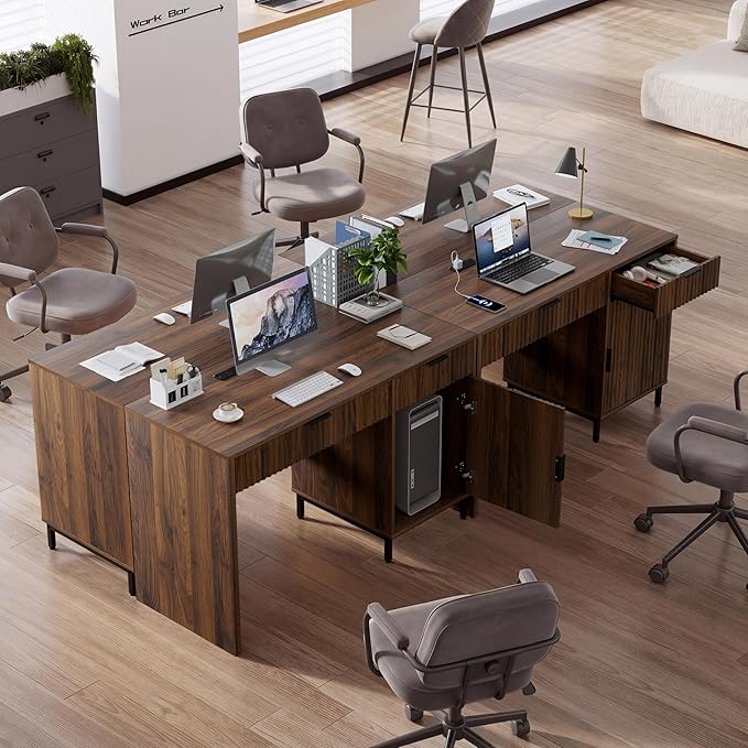 47" Office Desk with Fluted Drawers, Wooden Home Exectuive Desk with Storage Cabinet, Charging Station, Metal Legs Modern Farmhouse Computer Desk for Work, Study, Brown