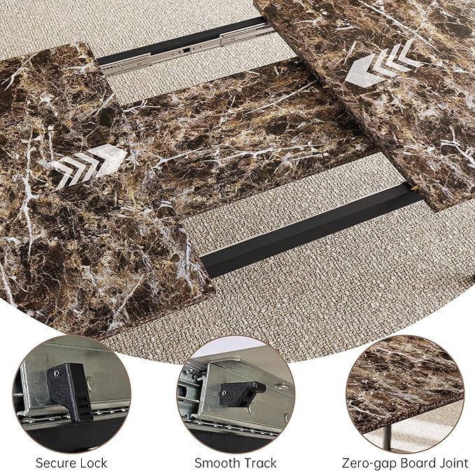 Extendable Dining Table Set for 6-8 People, 63 to 78.7 Inch MDF Kitchen Table with 6 Upholstered Chairs, Space-Saving for Dining Room, Breakfast Nook (Brown Table & 6 White Chairs)