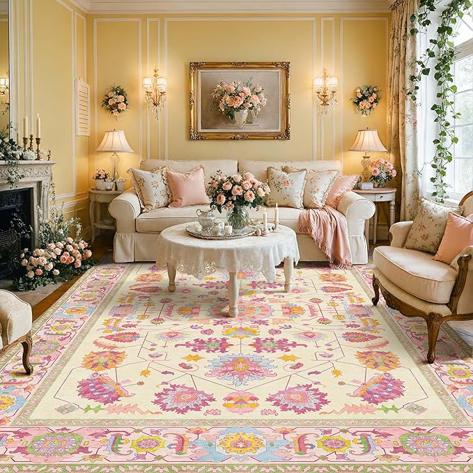 Kokia 8x10 Area Rugs Living Room Washable Non Slip Low Pile Vintage Ivory Pink Stain Resistant Soft Large Oriental Rugs for Bedroom, Dining Room, Kitchen, Indoor Leisure Rooms, Nova Vanillaa