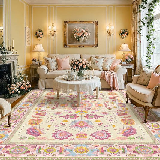 Kokia 8x10 Area Rugs Living Room Washable Non Slip Low Pile Vintage Ivory Pink Stain Resistant Soft Large Oriental Rugs for Bedroom, Dining Room, Kitchen, Indoor Leisure Rooms, Nova Vanillaa