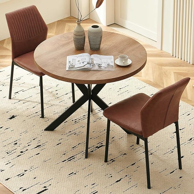 37" Round Dining Table Set for 2, Mid Century Modern Small Coffee Set for Dining Room Kitchen Apartment (Walnut Table + 2 PU Leather Brown Chairs)