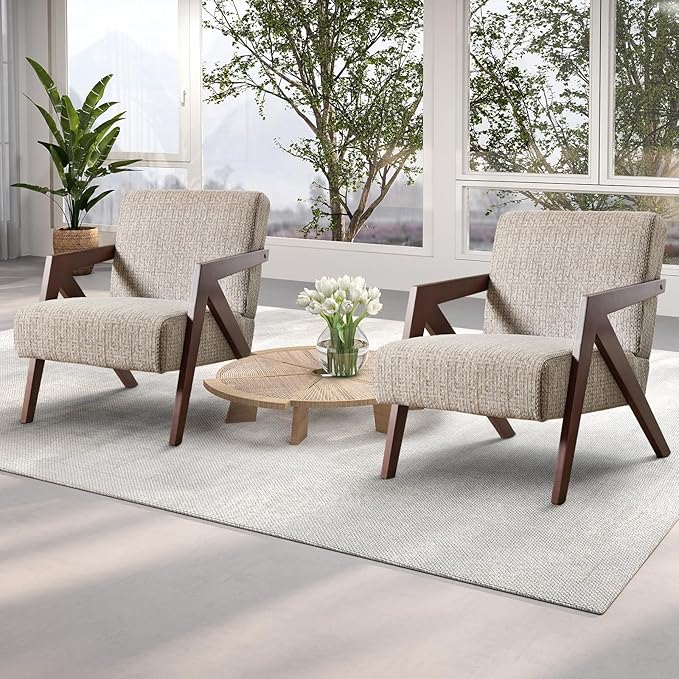 INZOY Accent Chairs Set of 2, Mid Century Modern Accent Chair with Wood Frame, Upholstered Reading Armchair with Soft Linen Fabric, Accent Chair for Living Room Bedroom Apartment, Easy Assembly, Brown