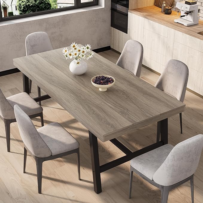 GarveeHome Industrial Dining Table for 6-8 People, 70.87" Long Wooden Kitchen Table with Sturdy Metal Frame & Walnut Finish, Seats 6 Rectangular Counter for Dinner, Kitchen, Dining Room-Grey Walnut