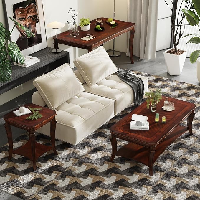 LEEMTORIG Vintage Wood Coffee Table for Living Room, 47 inches Rectangular 2-Tier Coffee Tables with Storage Shelf, Traditional Mid Century Queen Anne Style Cocktail Table, Cherry Walnut KFZ-A1168-WD