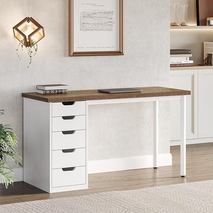 LITTLE TREE Computer Desk with 5 Drawers, 47 Inch Modern Simple Study Writing Desk with Metal Frame, Work Desk for Home Office, Rustic Brown and White
