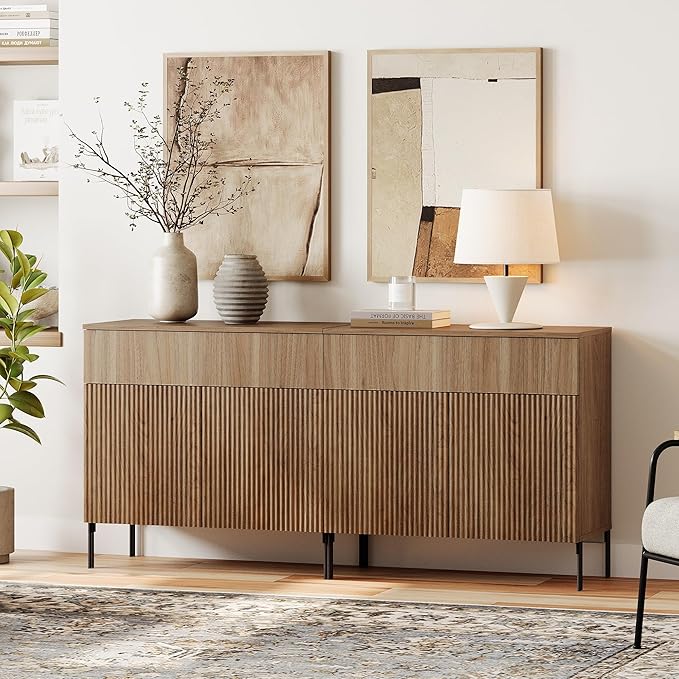 WAMPAT 63" W Large Sideboard Buffet Cabinet with Storage, 2 in 1 Fluted Sideboard Buffet with 4 Doors, Wooden Buffet Table, Coffee Bar Wine Bar Cabinet for Dining Room, Living Room, Light Walnut