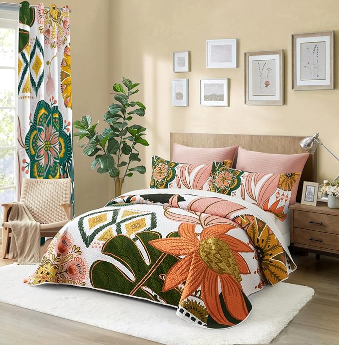 2 Piece Boho Floral Quilt Sets Twin Size Farmhouse Botanical Reversible Lightweight Bedspread Coverlet with 1 Sham Mid Century Leaves Microfiber Bedding Quilts Set for All Season, 68''x86''