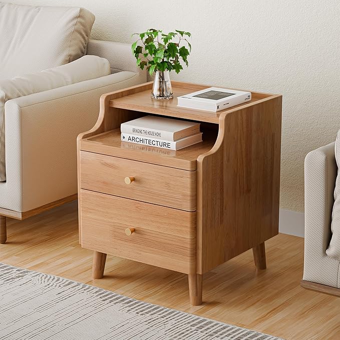 Nightstand with Drawers, Pre-Assembled, 19.7" H Natural Solid Wood Night Stand with Open Sliding Shelf, Mid Century Modern Small Bedside Table Cabinet for Bedroom, End Side Table, Natural Oak