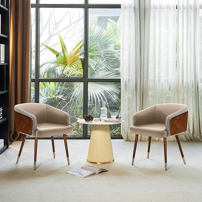 ARTPLAN Modern Upholsted Accent Dining Chairs Set of 2,Mid-Century Faux Leather with Walnut for Kitchen,Office Waiting Room Arm Sitting Chair, Beech Legs Dissassembly Adjustable Feet,Apricot