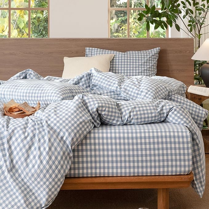 MooMee Gingham Duvet Cover Set 100% Washed Cotton Linen Like Textured Breathable Durable Soft Comfy Modern Checkered Design (Classic Gingham Cornflower Blue, Queen 90"x90")