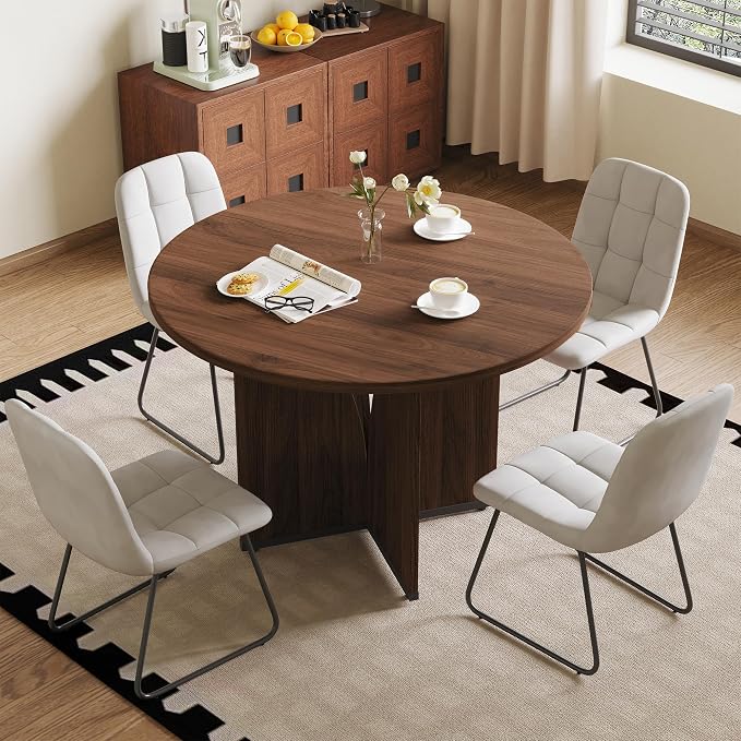 HIPIHOM Modern Round Dining Table Set for 4, 39.4" Walnut Kitchen Table with 4 PU Leather Chairs, 5-Piece Mid-Century Dining Room Set for Small Spaces, Pedestal Base