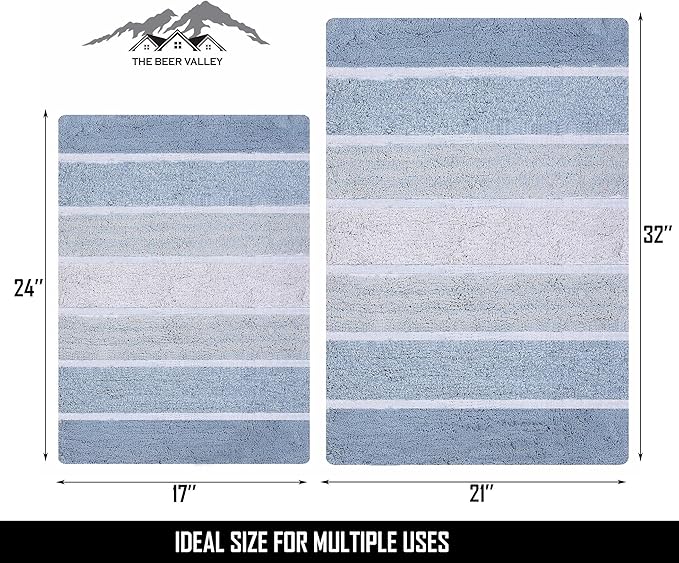 Bathroom Rugs Set 2 Piece Blue/White Luxury Stripe Non-Slip Cotton Bath Mats for Bathroom Floor |Quick Dry Shaggy Carpet for Tub Spa Shower|Living Room Entry Way Door Mats |21x32 & 17x24 Inches