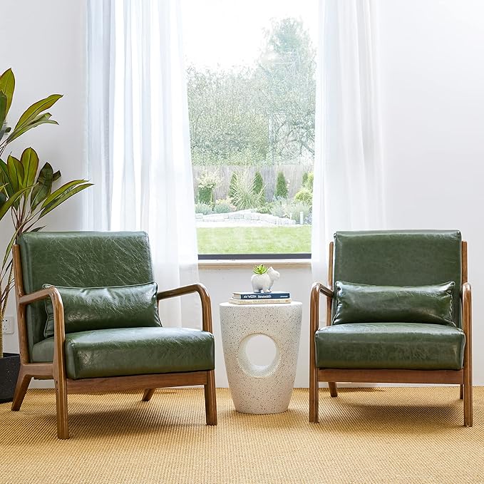 Glitzhome 2 Set Mid Century Hunter Green Accent Armchair, Single Reading Armchair PU Leather Lounge Chair with Walnut Ruberwood Frame