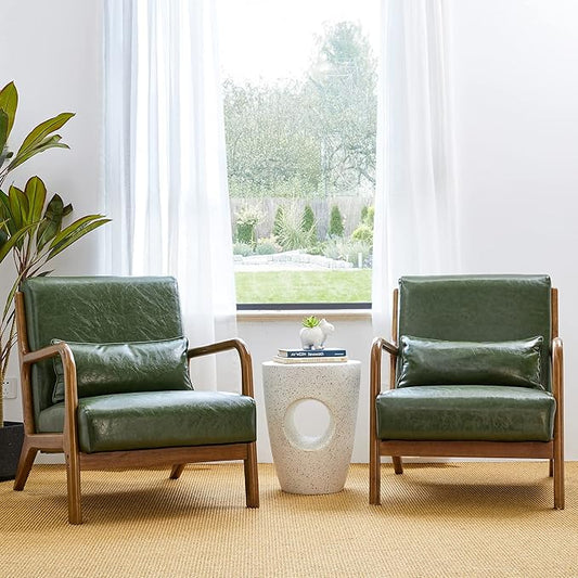 Glitzhome 2 Set Mid Century Hunter Green Accent Armchair, Single Reading Armchair PU Leather Lounge Chair with Walnut Ruberwood Frame