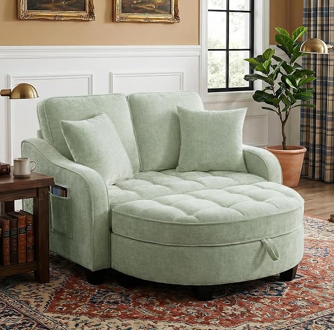Round Chaise Lounge Chair with Storage Ottoman, Oversized Bubble Chair and a Half Featuring Adjustable Backrest, Plush Reading Accent Chair and Ottoman Set for Bedroom, Mint Cyan