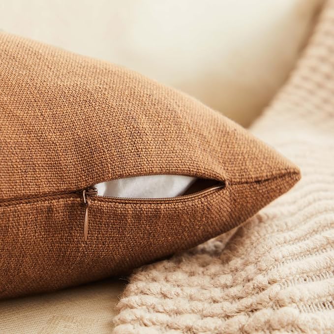 ZeeMart Rustic Cotton Linen Throw Pillow Covers Set of 2, 24x24 Inch Caramel, Farmhouse Style Decorative Couch Pillow Cases Cushion Covers for Sofa Bed Living Room Home Decor