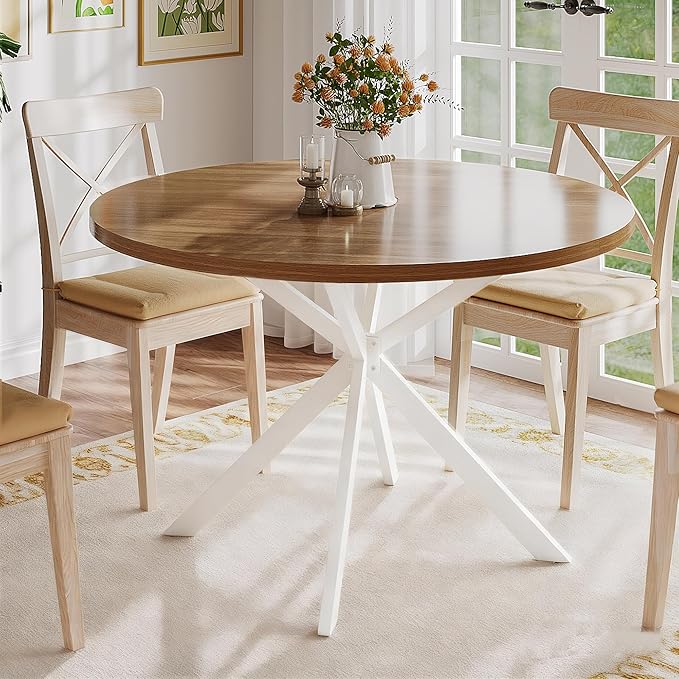 ChooChoo 47.2 Inch Round Dining Table for 4, Farmhouse Wood Kitchen Table, Circle Dinner Table for Kitchen & Dining Room, Walnut&White
