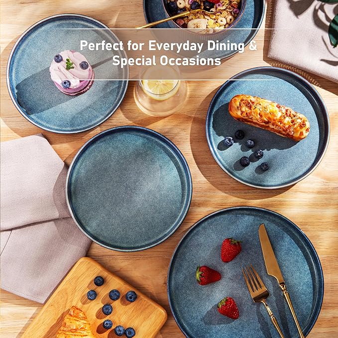 GBHOME 24-Piece Stoneware Dinnerware Set for 8 – Ribbed Ceramic Plates and Bowls, Scratch-Resistant, Microwave & Dishwasher Safe, Reactive Glaze, Ceylon Blue