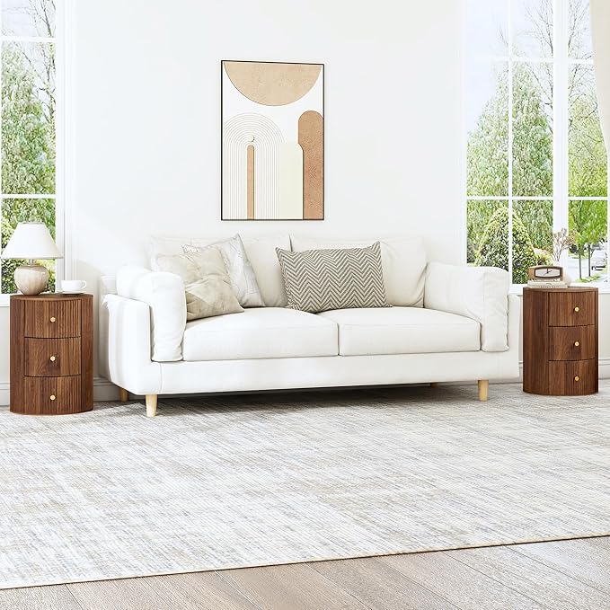 Fully Assembled Round End Table with 3 Storage Drawers, 15.75”Mid Century Side Table for Living Room, 3 Drawers Nightstand for Bedroom, Circle Sofa Bedside Table (Walnut-2 pcs)