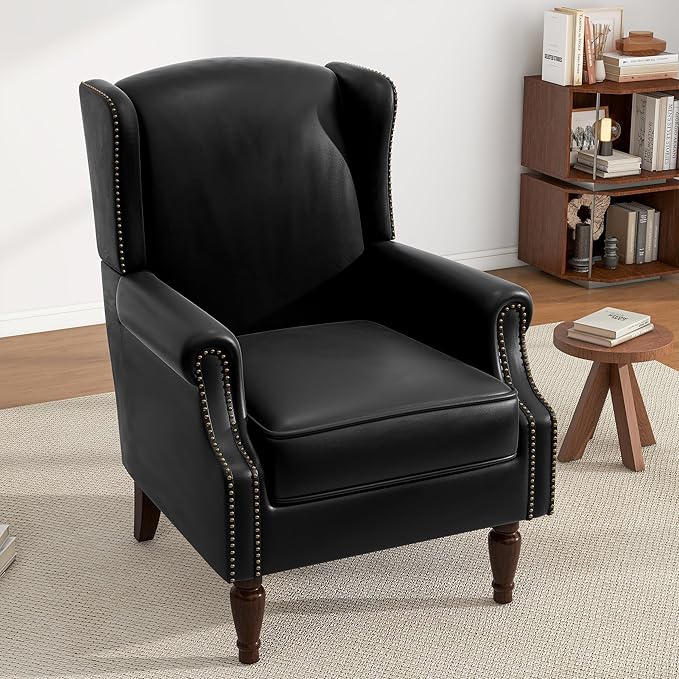 Faux Leather High Back Accent Chairs Set of 2, Upholstered Armchair for Living Room, Retro Wingback Arm Chair Nailhead Trim Single Sofa Bedroom Reading Seat with Solid Wood Legs - Black