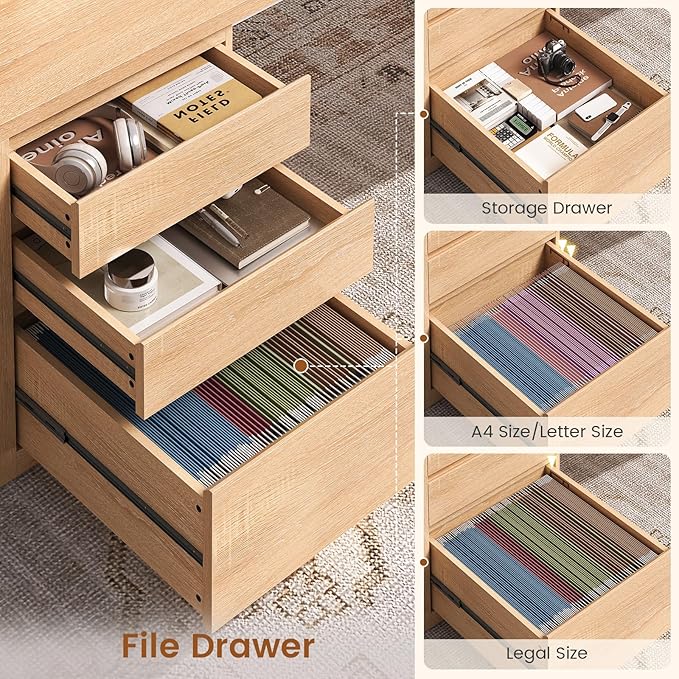 SEDETA 63" L Shaped Desk with 3 Drawers, Modern Executive Office Desk with File Drawer, Wood Corner Computer Desk with Relief Texture, Home Office Desk with Power Outlet, Natural
