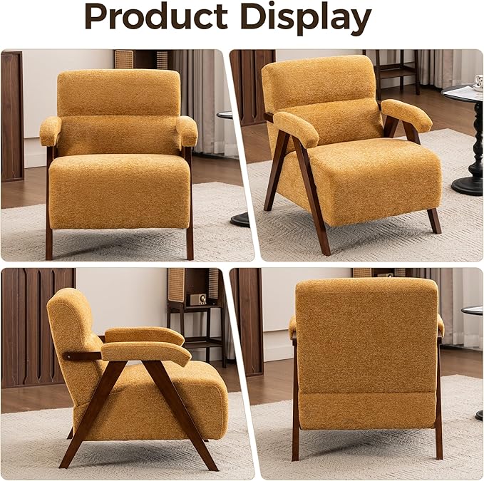 Accent Chair Mid Century Modern Living Room Chairs with Thick Cushion Comfy Upholstered Armchair Cozy Small Side Chairs for Reading Room Bedroom Yellow