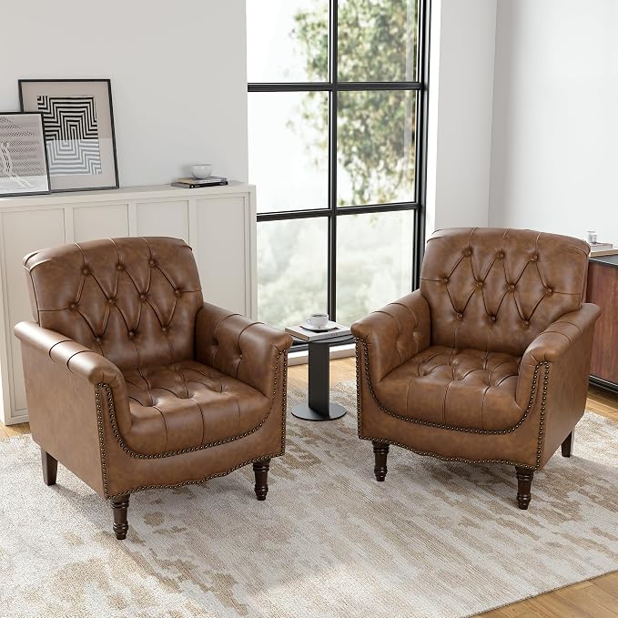 Faux Leather Club Chairs Set of 2, Retro Upholstered Armchair Accent Chair with Solid Wood Legs & Nailhead Trim for Living Room/Reading Room, Brown
