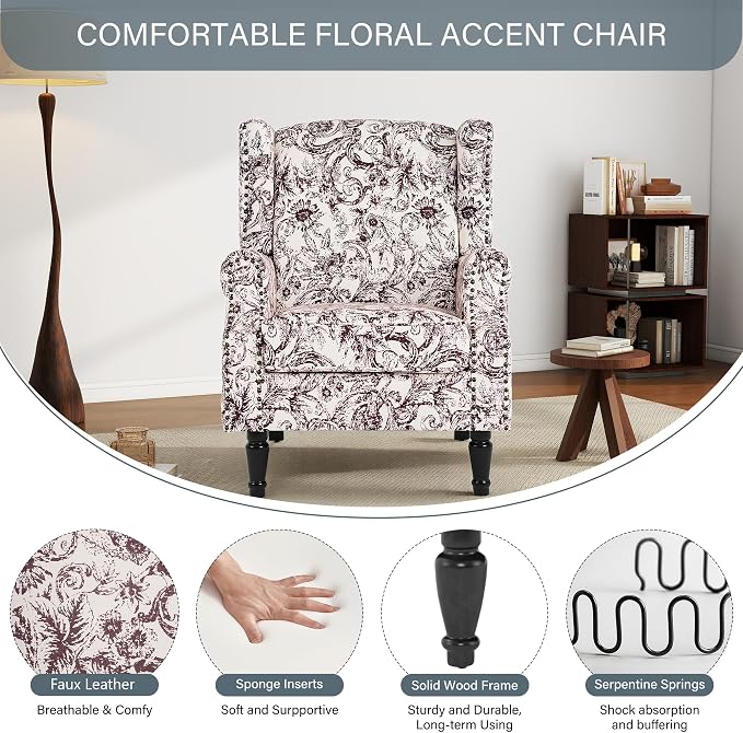 High Back Floral Accent Chair, Fabric Wingback Chair Upholstered Armchair for Living Room - Rococo Plum
