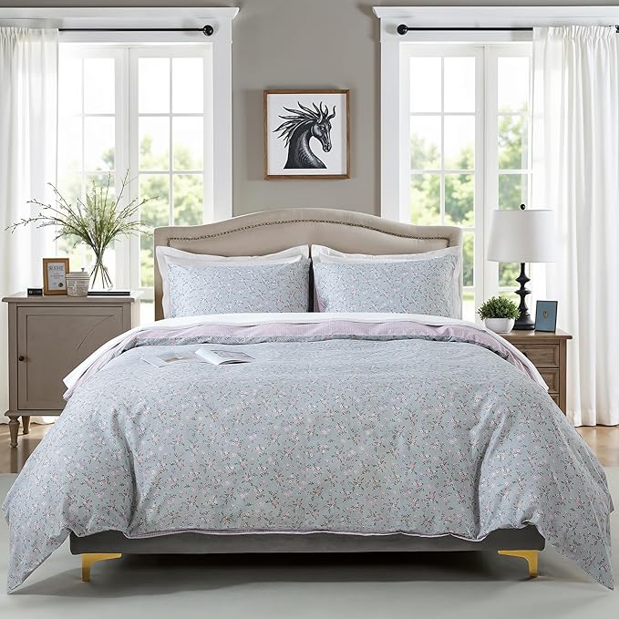 HoneiLife Floral Duvet Cover King - 100% Cotton Comforter Cover, Botanical Bedlinen Set with Zipper Closure & Corner Ties, 3-PC Wildflower Comforter Cover Sets