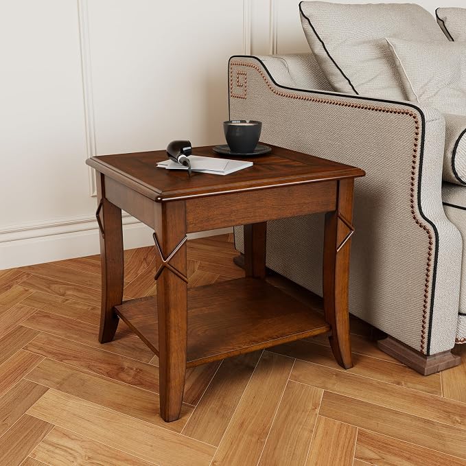 2-Set Solid Wood End Table with Storage Shelf, Cherry Walnut