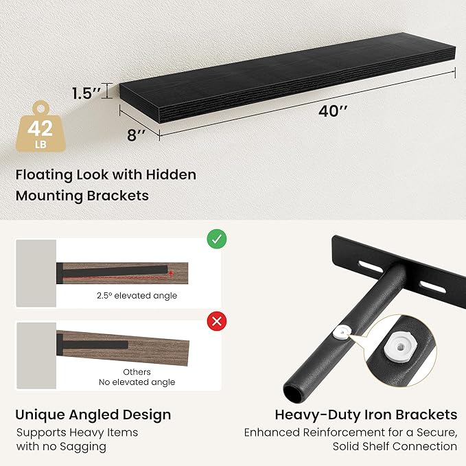 Fun Memories Floating Shelves for Wall, Rustic Wood Wall Mounted Shelves for Bathroom, Bedroom, Living Room & Kitchen, Storage Display Shelves, (Set of 2, Black, 40 in)