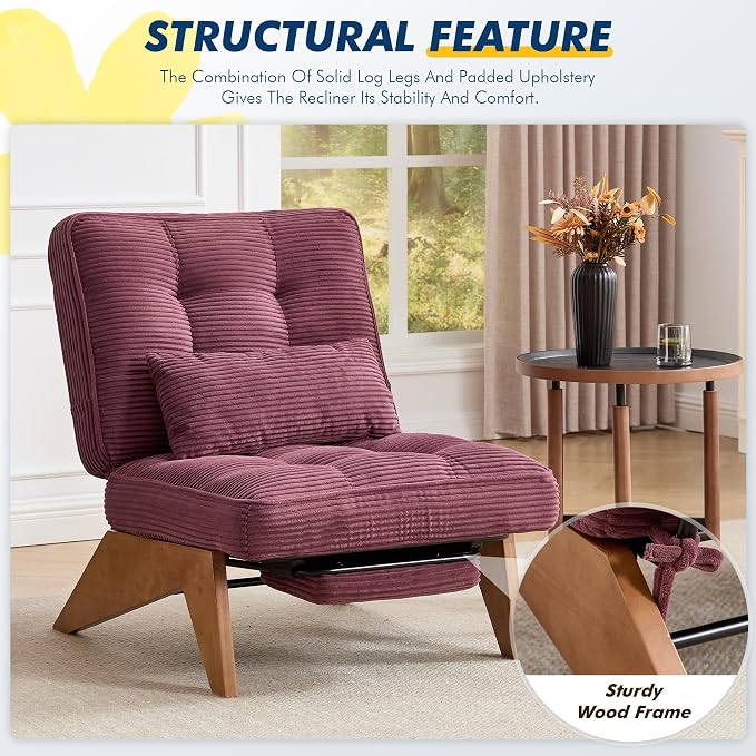 Accent Chair with Ottoman Adjustable Backrest, Stripe Living Room Chair Indoor Lounge Chair with Build-in Footrest Set, Modern Chair Cozy Reclining Chair for Reading Room, Wine Red