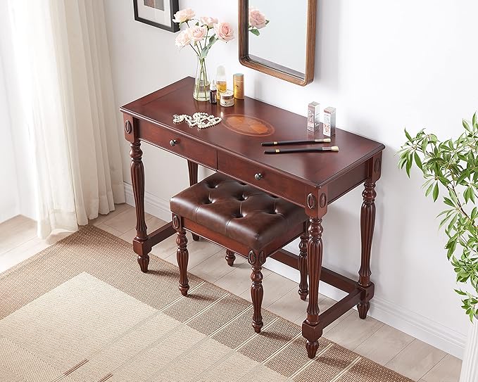 Computer Desk Office Table with 2 Drawers, 39.37" Solid Wood Study Writing Desk Workstation with Storage Space,Mid-Century Vanity Dressing Table for Home Office,Cherry Walnut SSZ1533WD