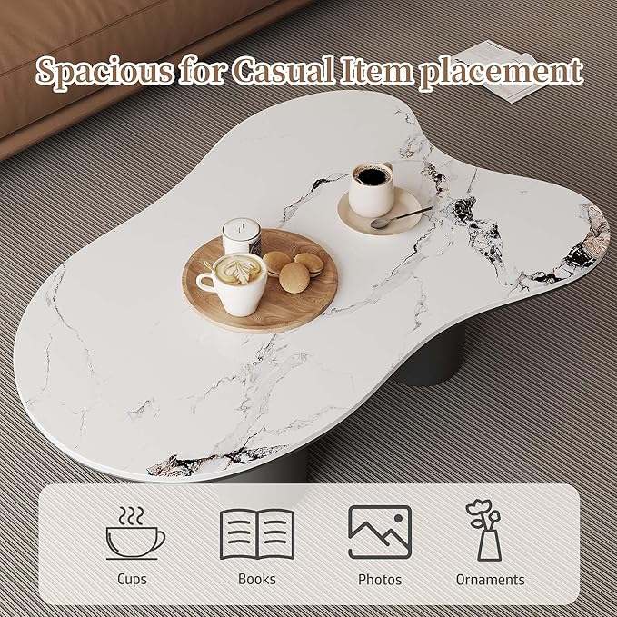 Cloud Coffee Table, Irregular Indoor Tea Table for Living Room, 48.4" Modern Home Sintered Stone End Table with 4 Black Legs