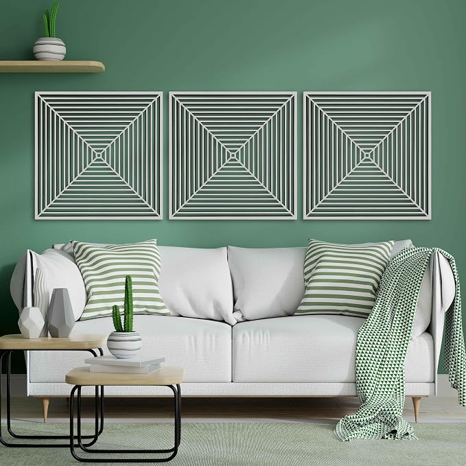 Square Wood Wall Art Triptych, Mid Century Modern Minimalist Wooden Decor, Large Optical Geometric Art Deco Panels, Abstract Home Gift for Living Room and Bedroom
