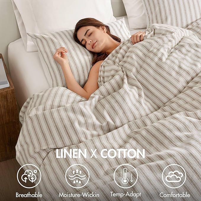 Madison Park Duvet Cover Set for Hot Sleepers - Linen Cotton Rayon Blend, King Size 3 Piece Set with Shams - Lightweight & Breathable Bedding, Tan Striped Design